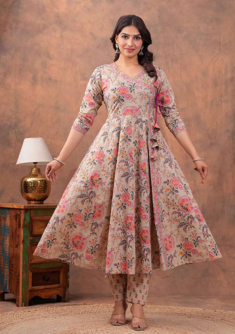 Grey Embroidered Cotton Kurta Set - Indya