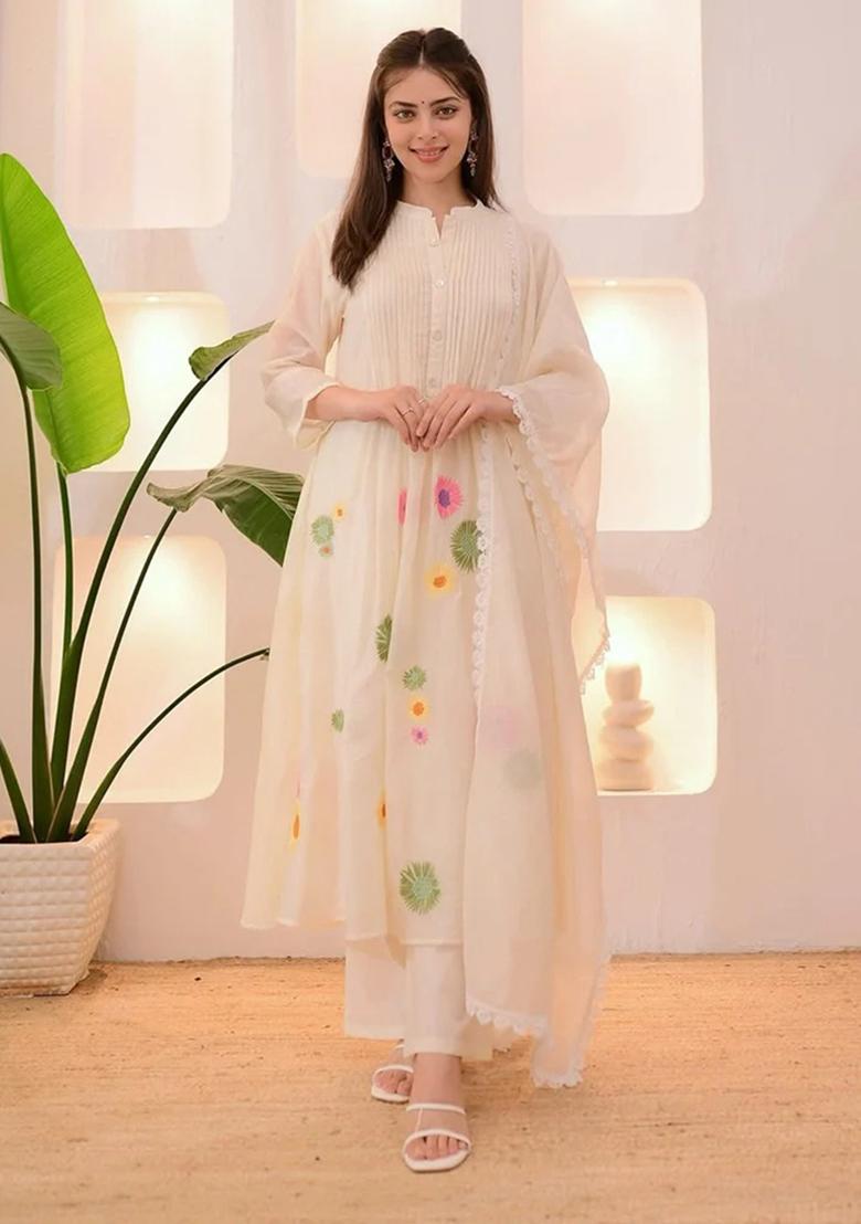 Ivory Embroidered Cotton Kurta Set - Indya