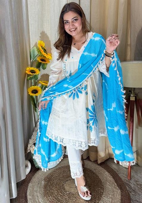 Blue Embroidered Cotton Kurta Set