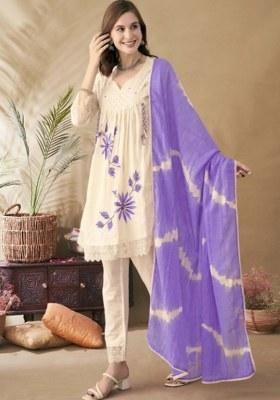 Purple Embroidered Cotton Kurta Set