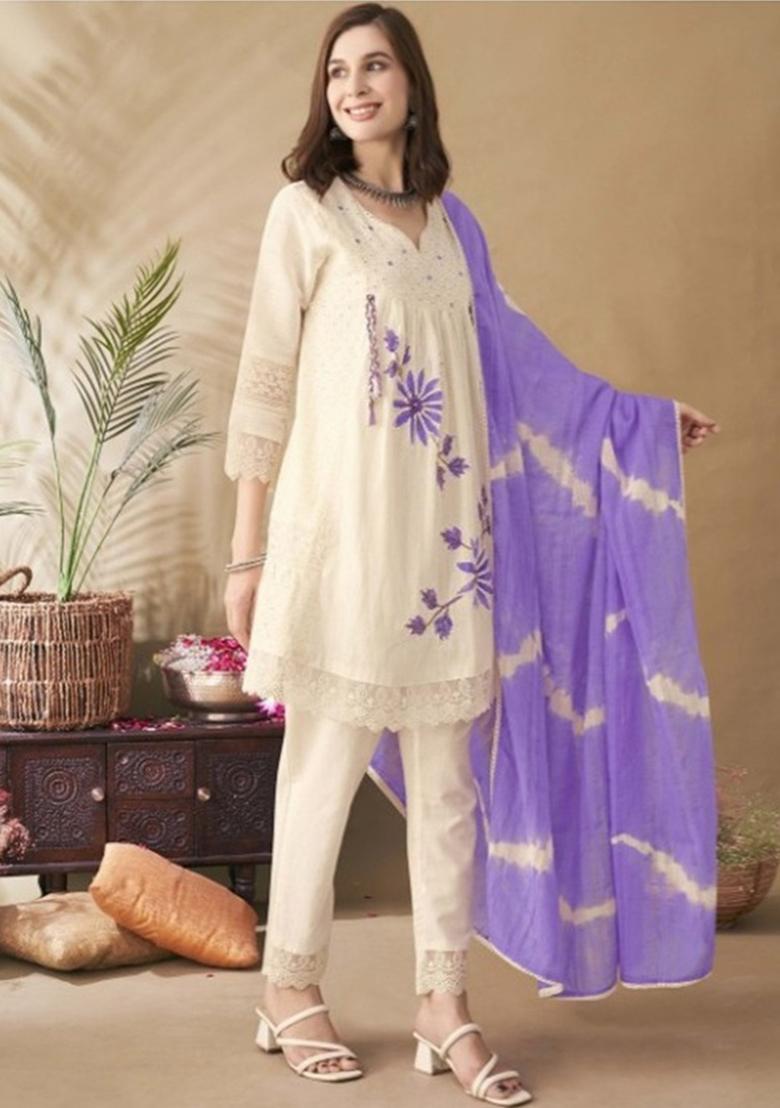 Purple Embroidered Cotton Kurta Set - Indya