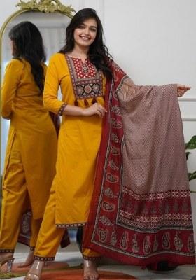 Yellow Embroidered Cotton Kurta Set