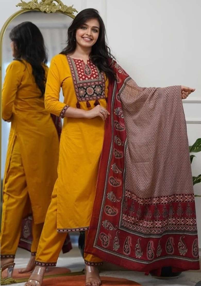 Yellow Embroidered Cotton Kurta Set - Indya