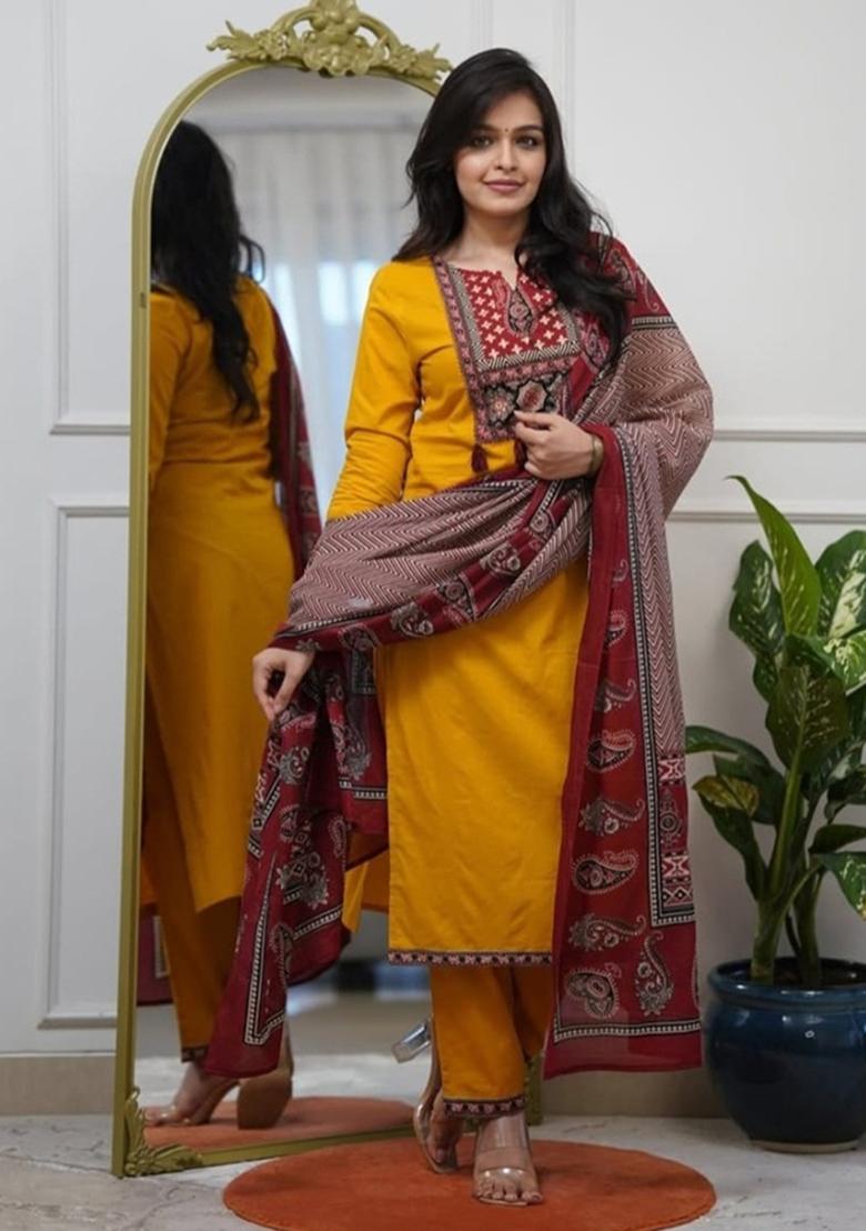 Yellow Embroidered Cotton Kurta Set - Indya