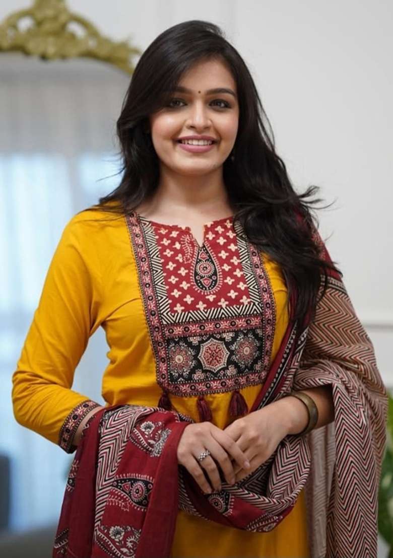 Yellow Embroidered Cotton Kurta Set - Indya