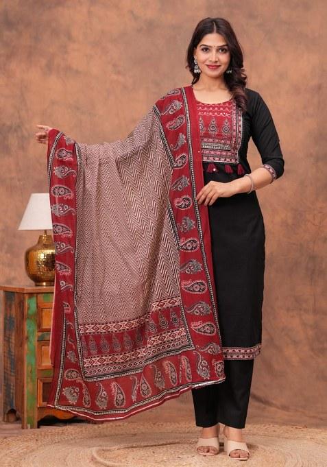 Black Embroidered Cotton Kurta Set
