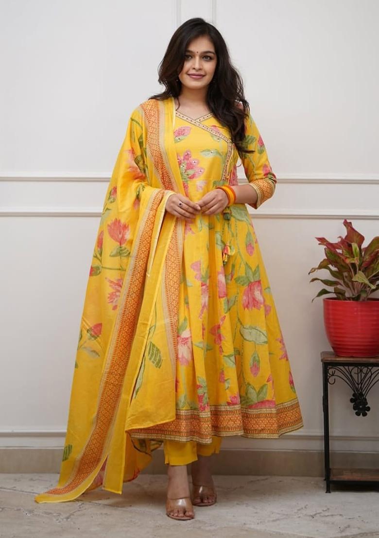 Yellow Embroidered Cotton Kurta Set - Indya