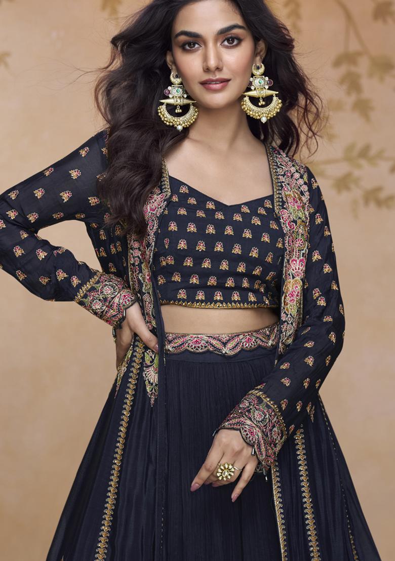 Blue Embroidery Silk Kurta Set - Indya