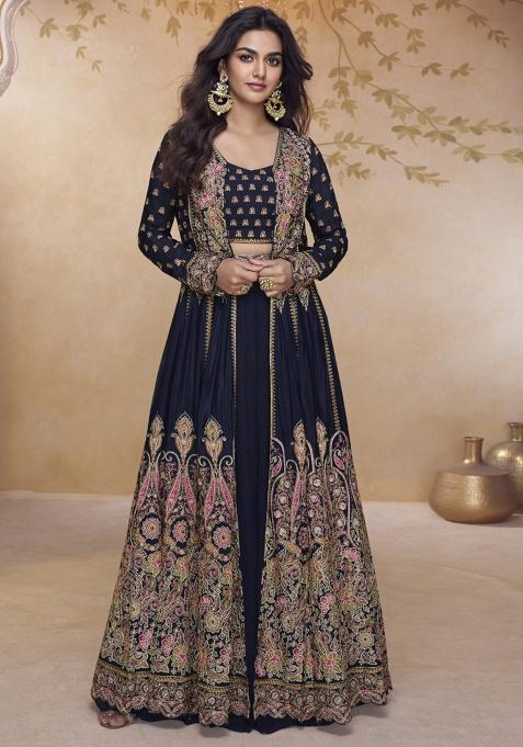 Blue Embroidery Silk Kurta Set