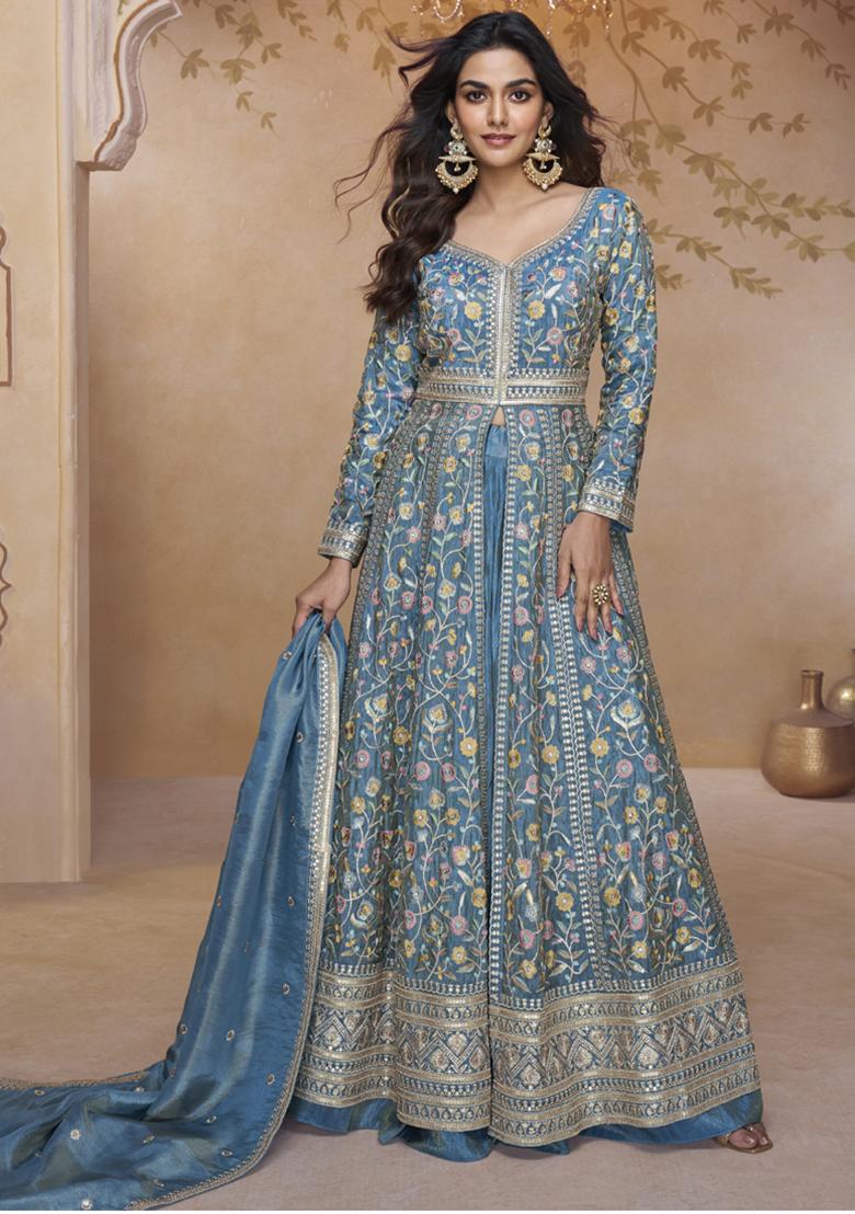Sky Blue Embroidery Silk Kurta Set - Indya