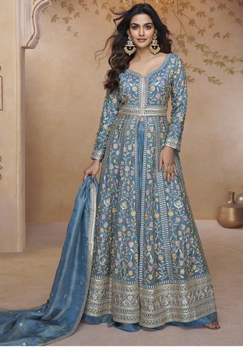 Sky Blue Embroidery Silk Kurta Set