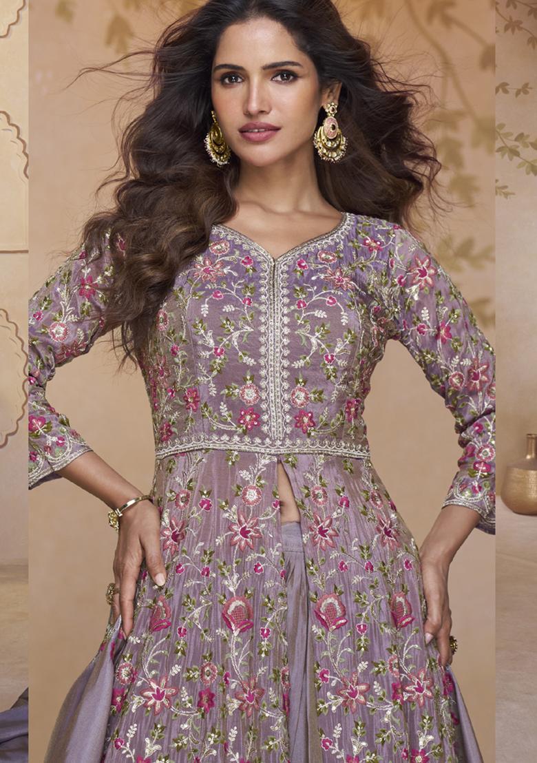 Lavender Embroidery Silk Kurta Set - Indya