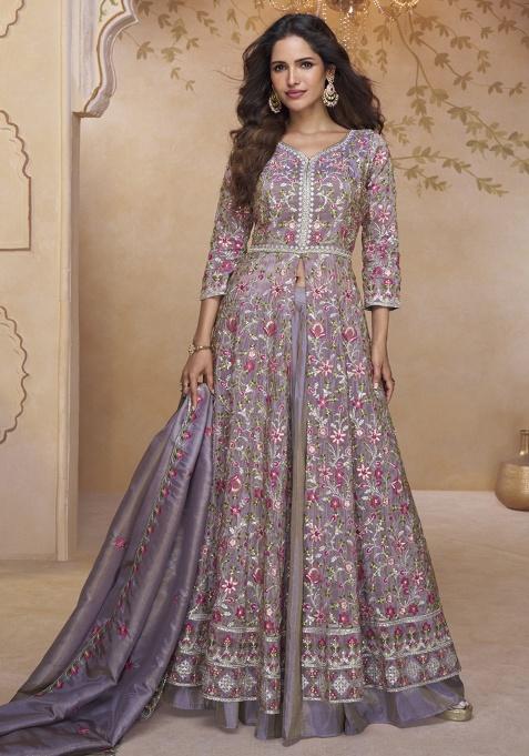 Lavender Embroidery Silk Kurta Set