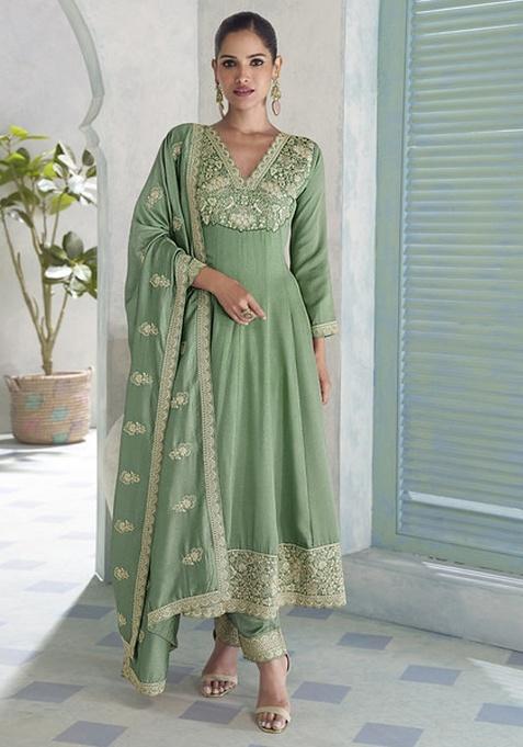 Light Green Embroidery Silk Kurta Set