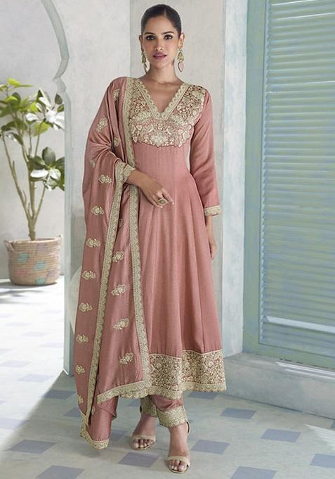 Peach Embroidery Silk Kurta Set