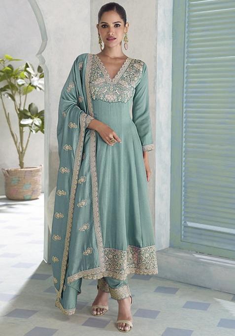 Sky Blue Embroidery Silk Kurta Set