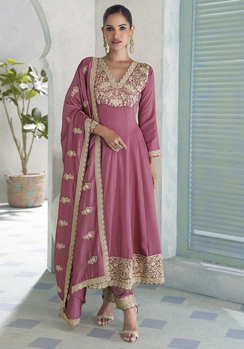 Onion Pink Embroidery Silk Kurta Set