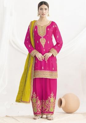 Pink Embroidered Silk Blend Sharara Set
