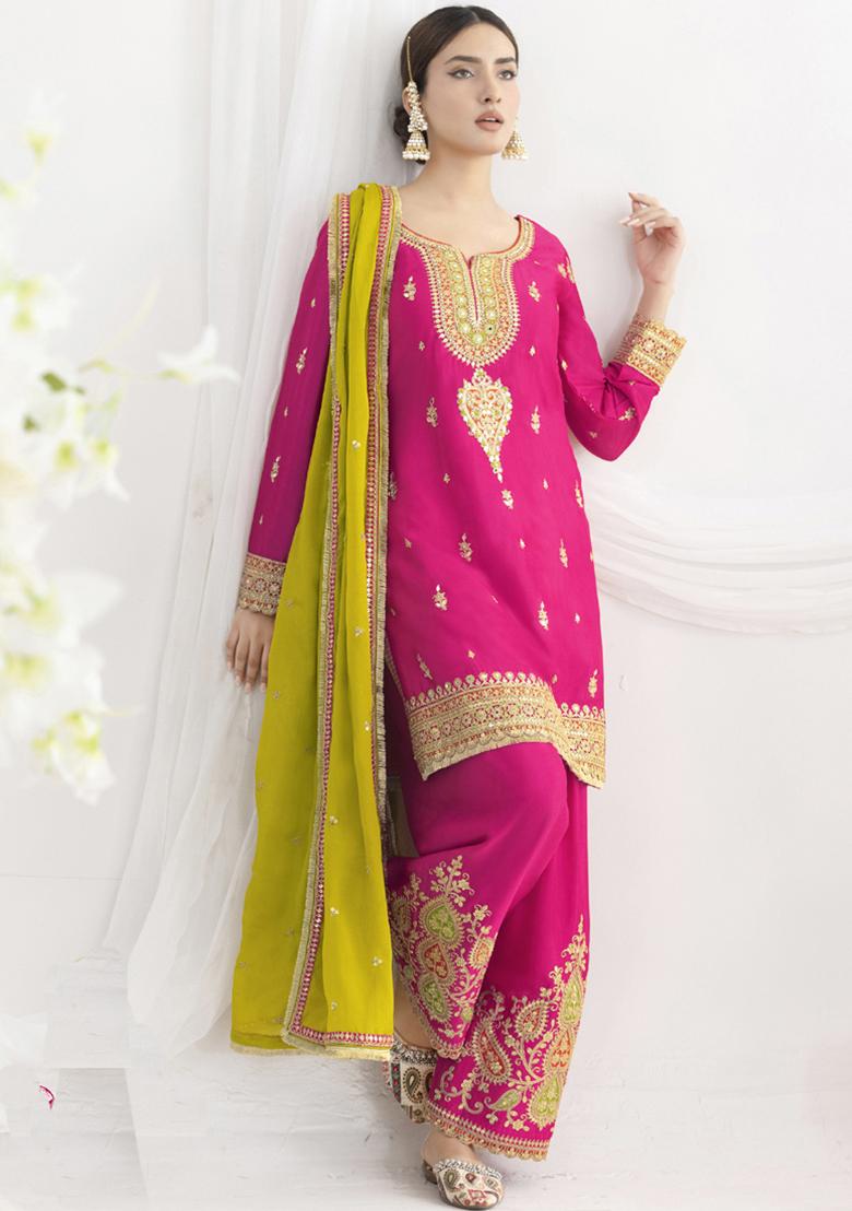 Pink Embroidery Silk Kurta Set - Indya