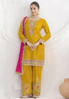 Yellow Embroidery Silk Kurta Set