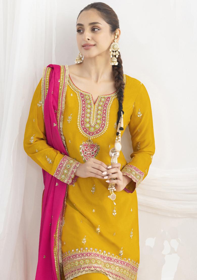 Yellow Embroidery Silk Kurta Set - Indya