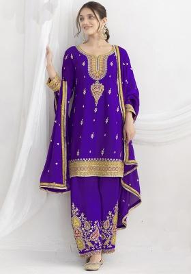 Violet Embroidery Silk Kurta Set