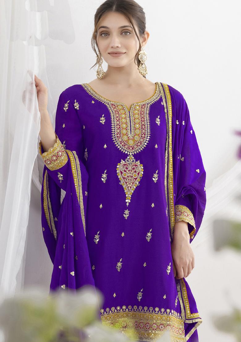 Violet Embroidery Silk Kurta Set - Indya