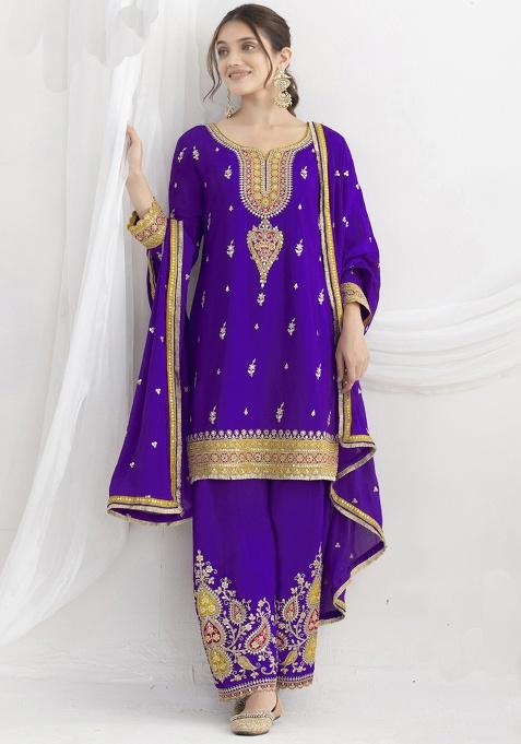 Violet Embroidery Silk Kurta Set