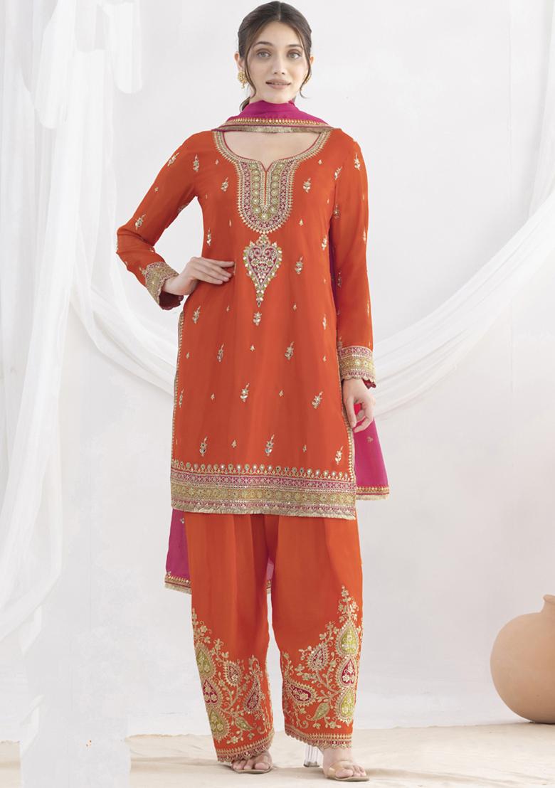 Orange Embroidery Georgette Kurta Set - Indya