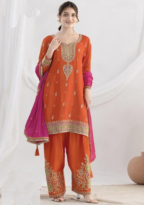 Orange Embroidery Georgette Kurta Set