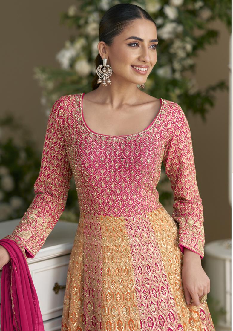 Pink Embroidery Georgette Kurta Set - Indya