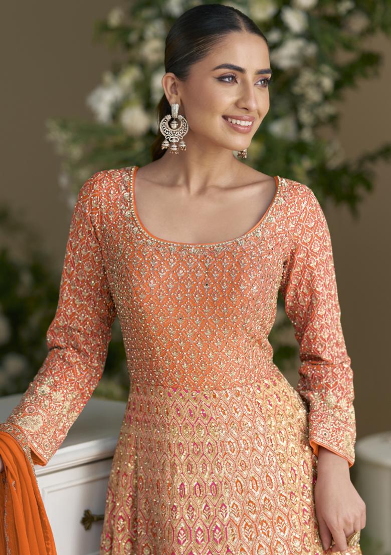 Orange Embroidery viscose Kurta Set - Indya