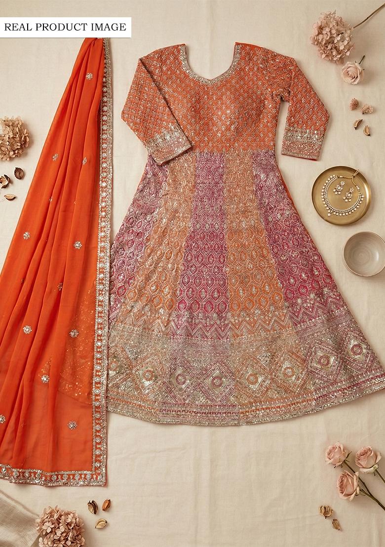Orange Embroidery viscose Kurta Set - Indya