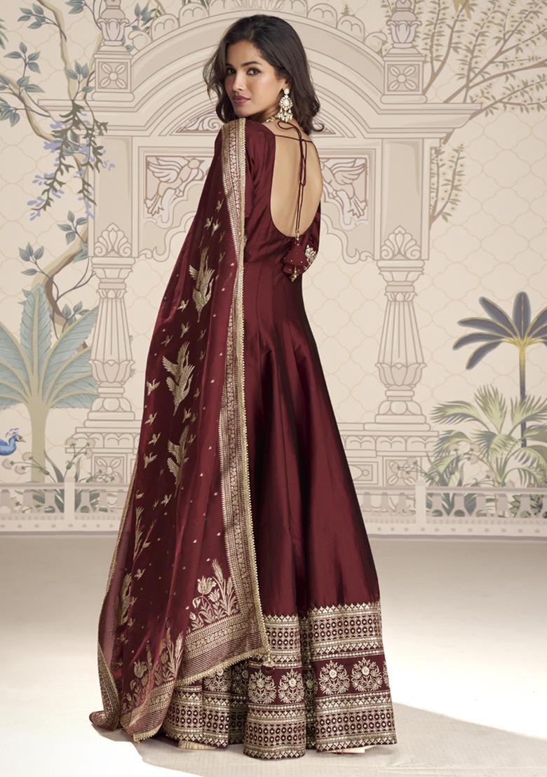 Maroon Embroidery NET Kurta Set - Indya