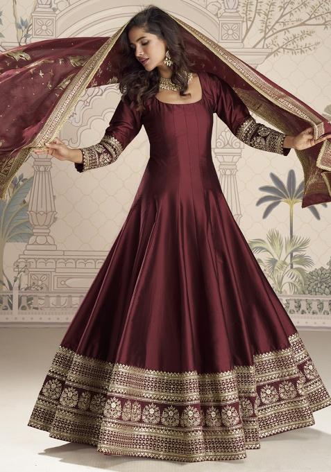 Maroon Embroidery NET Kurta Set