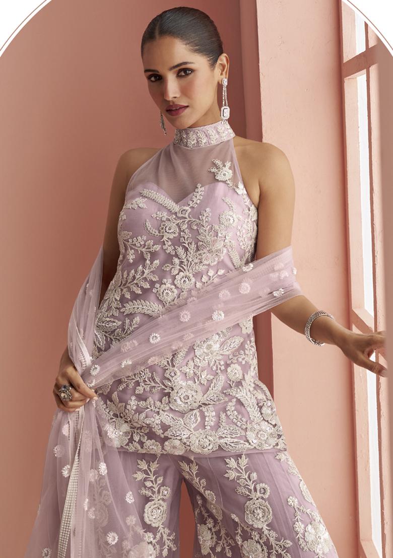 Lavender Embroidery NET Kurta Set - Indya
