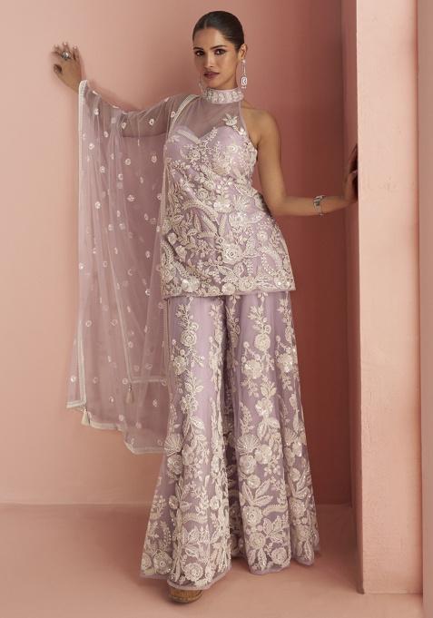 Lavender Embroidery NET Kurta Set