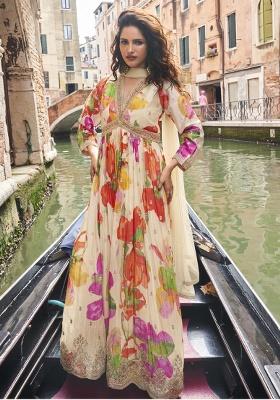 Cream Embroidery Silk Kurta Set