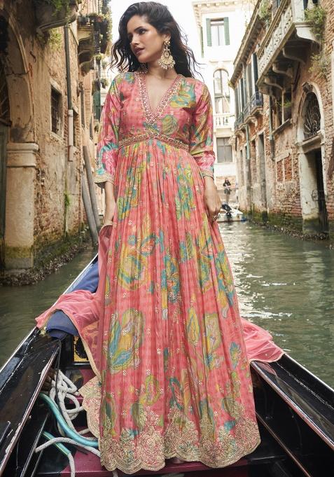 Peach Embroidery jacquard Kurta Set