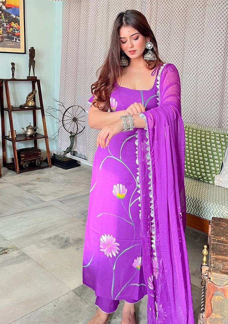 Purple Motif Viscose French Crepe Kurta Set - Indya