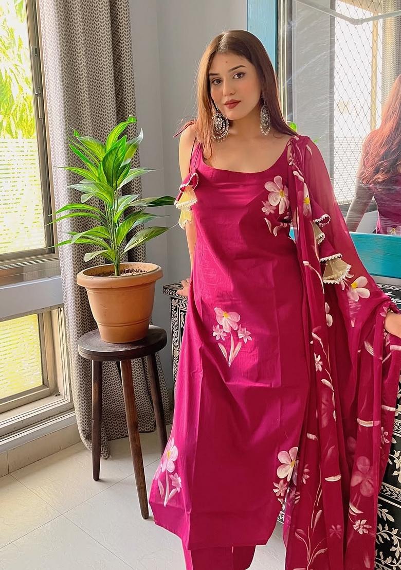 Rani Pink Motif Viscose French Crepe Kurta Set - Indya