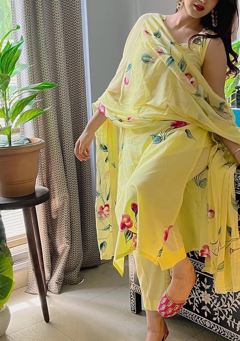 Light Yellow Motif Viscose French Crepe Kurta Set - Indya