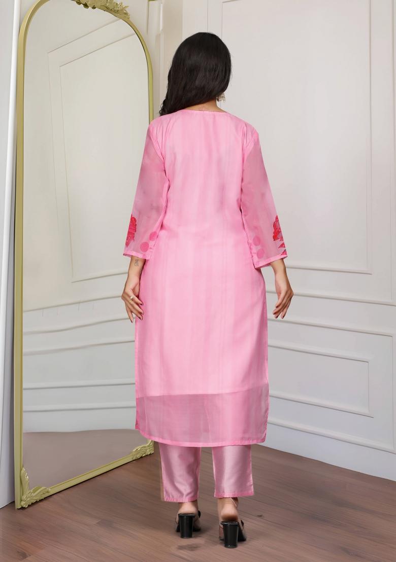 Pink Motif Organza Kurta Set - Indya