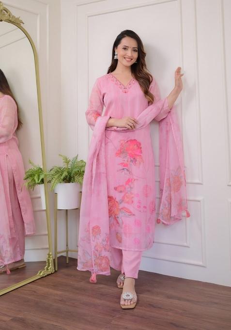 Pink Motif Organza Kurta Set