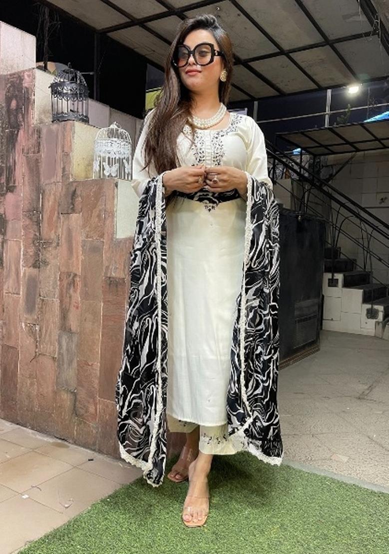 White Motif Viscose Blend Rayon Kurta Set - Indya