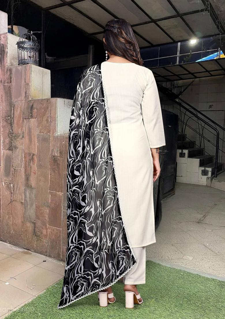 White Motif Viscose Blend Rayon Kurta Set - Indya