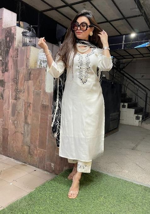 White Motif Viscose Blend Rayon Kurta Set