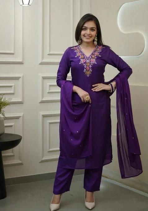 Purple Motif Vichitra Kurta Set