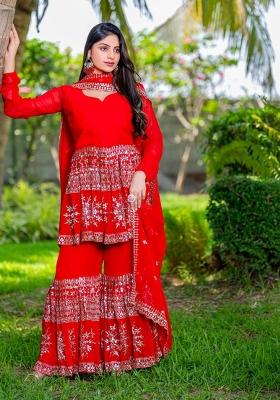 Red Motif Georgette Kurta Set