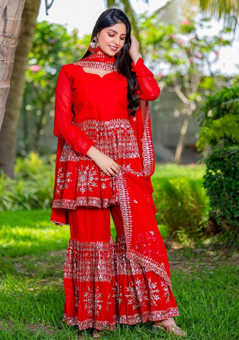 Red Motif Georgette Kurta Set - Indya